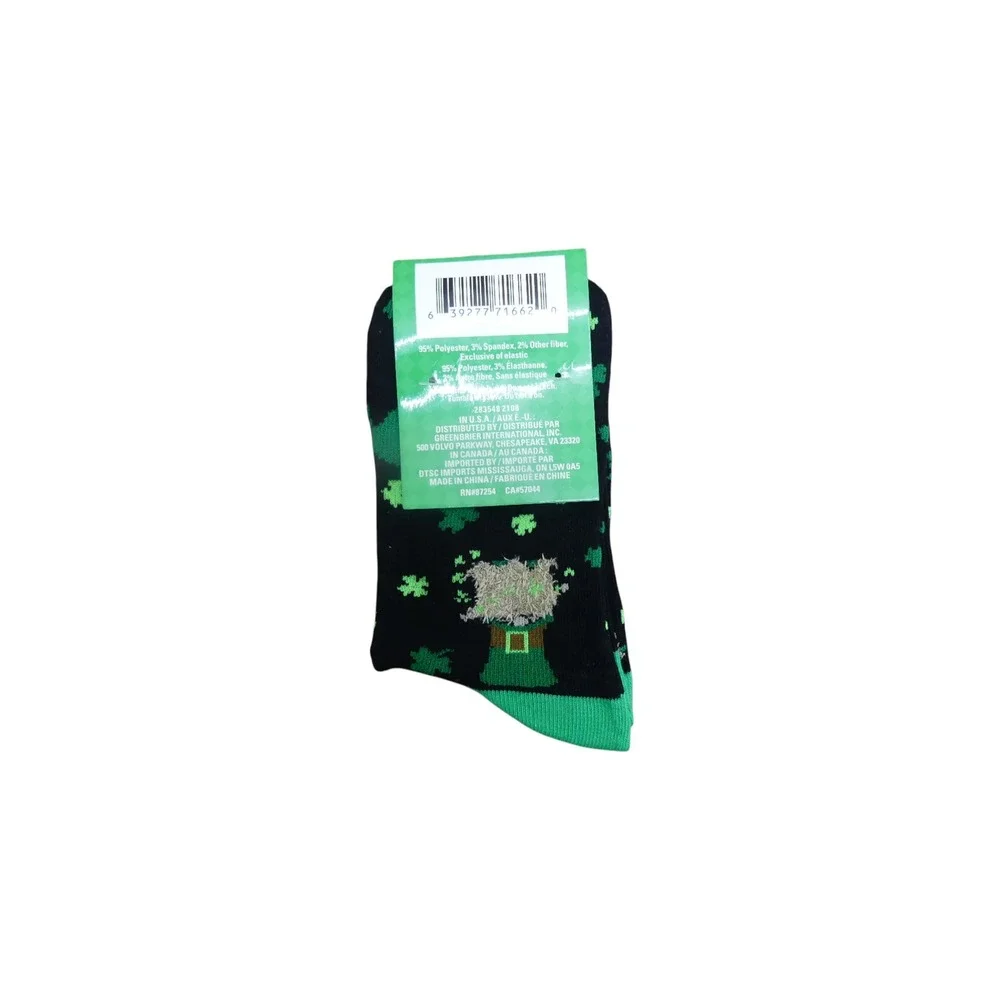 Greenbrier Crew Socks Women 5-9 Black St Patricks Leprechaun Shamrock Holiday